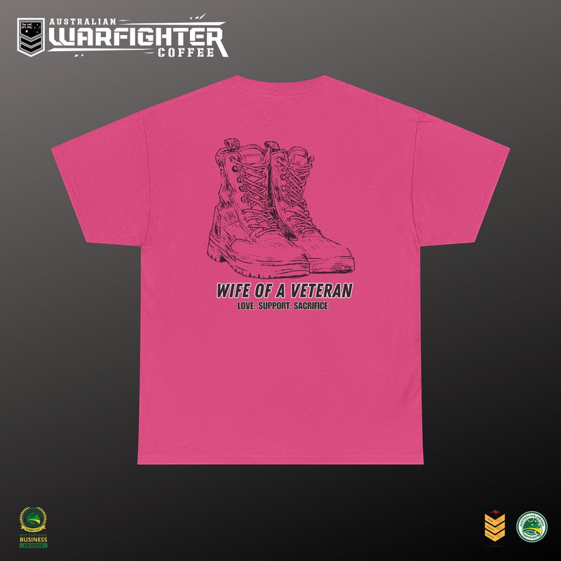 Wife of a Veteran T-Shirt — 'Love. Support. Sacrifice.' Military Boots Tribute Tee - Australian Warfighters Coffee