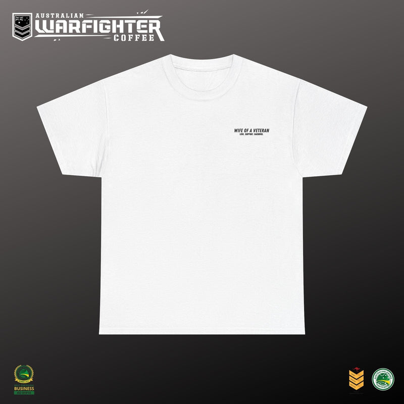 Wife of a Veteran T-Shirt — 'Love. Support. Sacrifice.' Military Boots Tribute Tee - Australian Warfighters Coffee