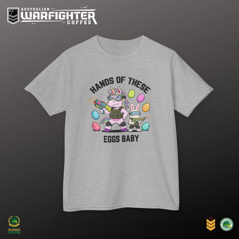 Kids Tee — "Hands of these eggs baby!" - Australian Warfighters Coffee