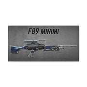 F89 Minimi rifle graphic on a gray background