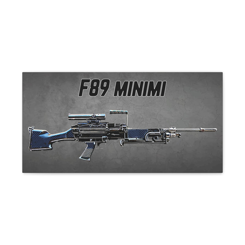 F89 Minimi rifle graphic on a gray background