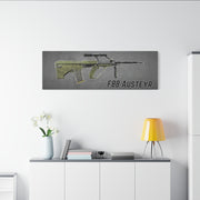 F88 Austeyr rifle artwork on a wall above a white cabinet with a yellow lamp.