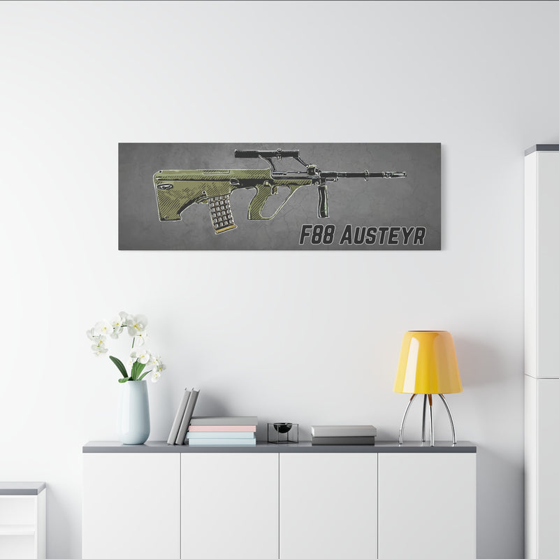 F88 Austeyr rifle artwork on a wall above a white cabinet with a yellow lamp.