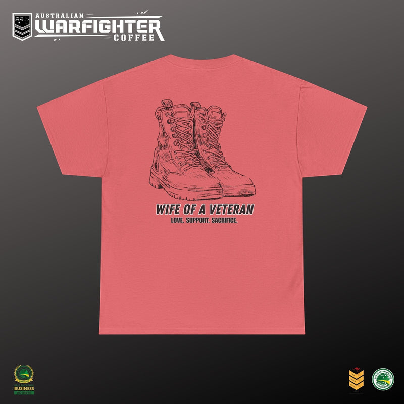 Wife of a Veteran T-Shirt — 'Love. Support. Sacrifice.' Military Boots Tribute Tee - Australian Warfighters Coffee