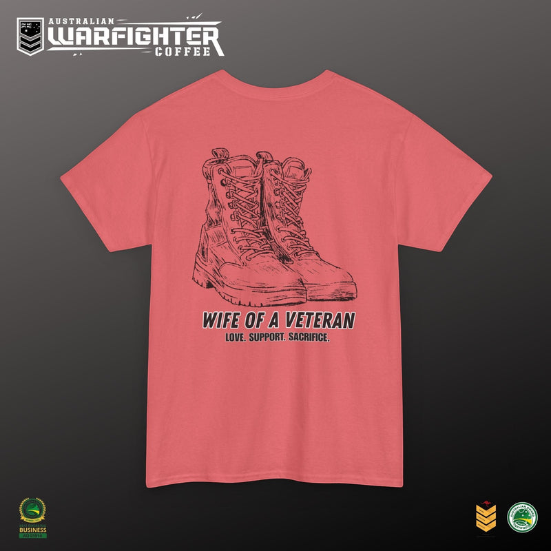 Wife of a Veteran T-Shirt — 'Love. Support. Sacrifice.' Military Boots Tribute Tee - Australian Warfighters Coffee