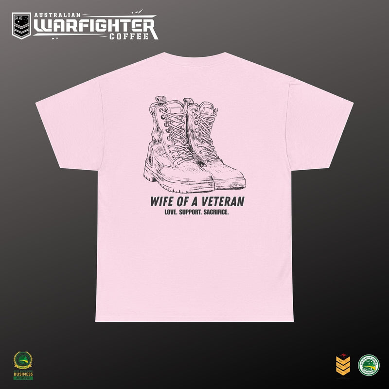 Wife of a Veteran T-Shirt — 'Love. Support. Sacrifice.' Military Boots Tribute Tee - Australian Warfighters Coffee
