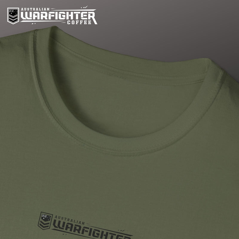 Australian Warfighters olive green 100% cotton crew neck t-shirt with Apache helicopter graphic on back.