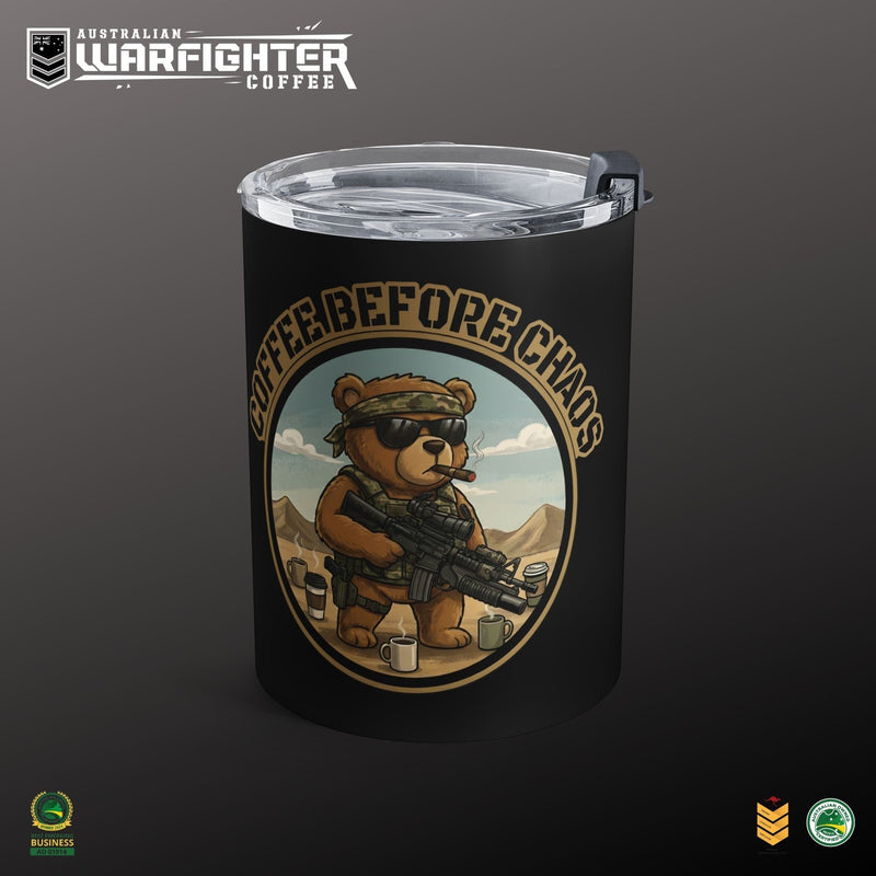 Australian Warfighters Coffee 10oz insulated tumbler with 'Brew the Chaos' military bear design. Stainless steel with clear lid.