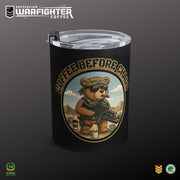 Australian Warfighters Coffee 10oz insulated tumbler with 'Brew the Chaos' military bear design. Black stainless steel.