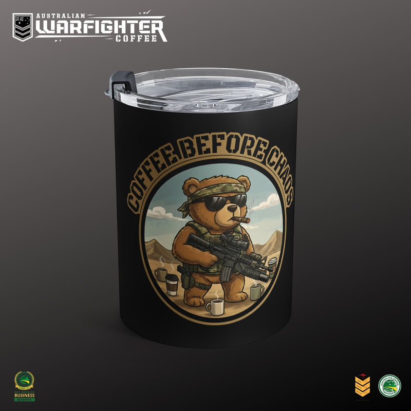 Australian Warfighters Coffee 10oz insulated tumbler with 'Brew the Chaos' military bear design. Black stainless steel.