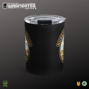 Australian Warfighters Coffee 10oz black stainless steel tumbler with 'Brew the Chaos' military design and clear lid.