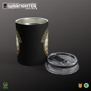 Australian Warfighters Coffee 10oz black stainless steel tumbler with 'Brew the Chaos' military design and clear lid.
