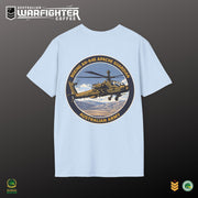 Australian Warfighters Coffee light blue 100% cotton t-shirt with AH-64E Apache Guardian graphic on back.