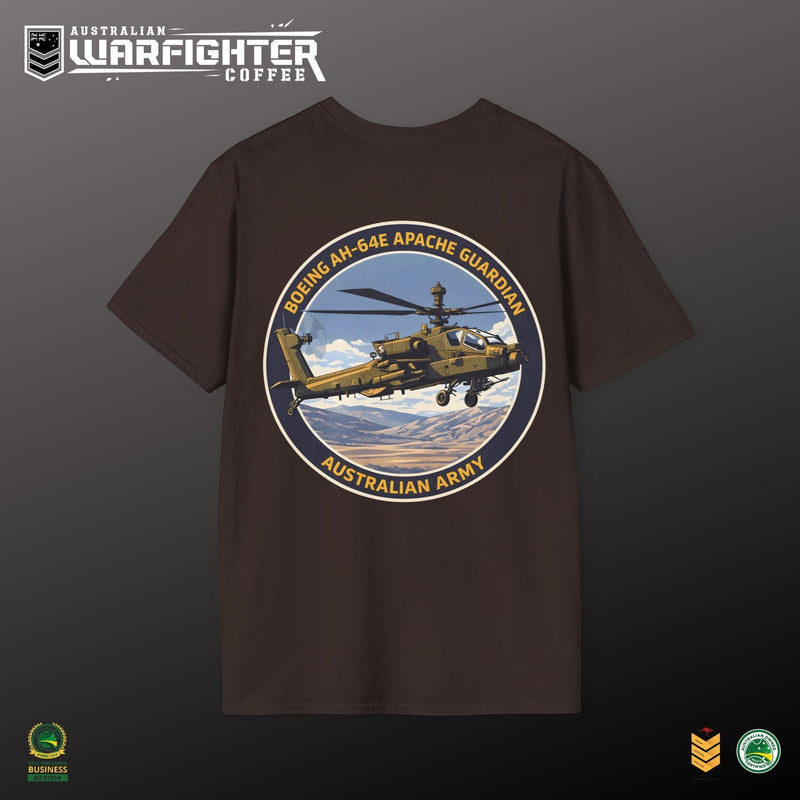Australian Warfighters Coffee brown cotton t-shirt with a graphic of an AH-64E Apache Guardian helicopter in flight on the back.