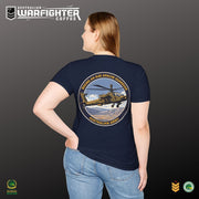 Australian Warfighters Coffee navy blue 100% cotton t-shirt with AH-64E Apache Guardian helicopter graphic on back.