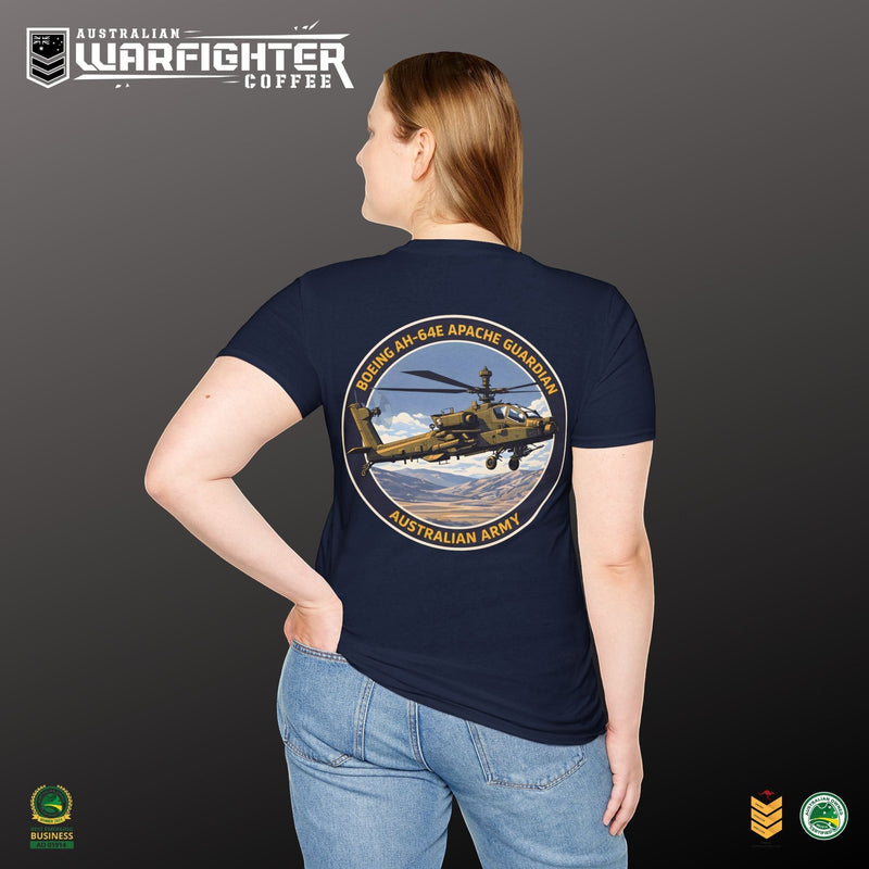 Australian Warfighters Coffee navy blue 100% cotton t-shirt with AH-64E Apache Guardian helicopter graphic on back.