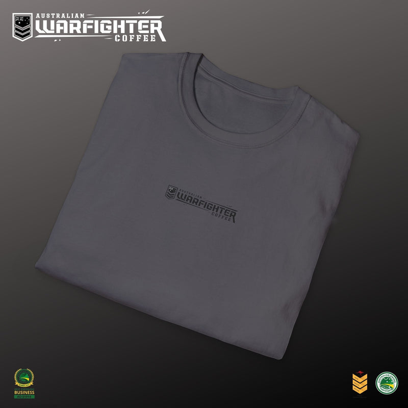 Australian Warfighters Coffee grey crew-neck t-shirt with small chest logo and large back graphic of Apache helicopter.