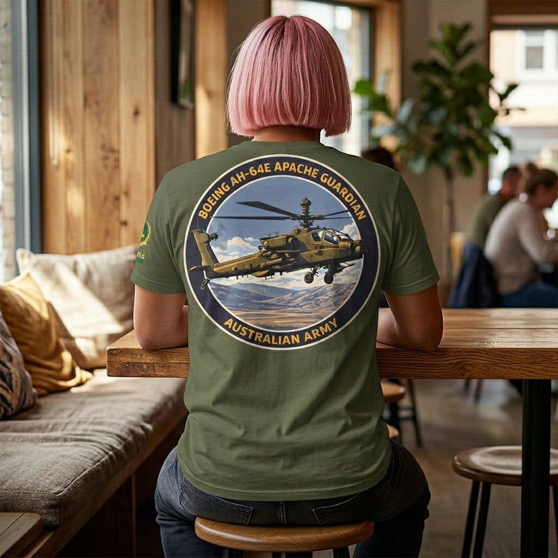 Australian Warfighters Coffee olive green cotton t-shirt with a large circular graphic on the back featuring an AH-64E Apache Guardian helicopter in flight.