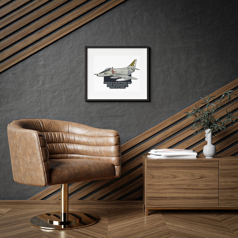 Australian Warfighters Coffee framed matte poster of a Royal Australian Navy Douglas A-4K Skyhawk aircraft, black Perspex frame.