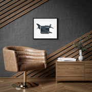 Australian Warfighters Coffee F4U Corsair '530' commemorative matte print in a black frame with white matting. Features a dark blue aircraft with checkered tail.
