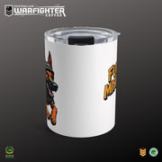 Australian Warfighters Coffee 10oz white stainless steel tumbler with a German Shepherd wearing a helmet and tactical vest, and "Fur Mission" text.