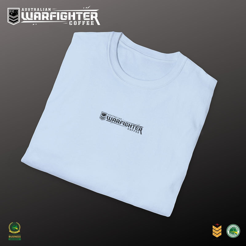 Australian Warfighters Coffee light blue 100% cotton crew-neck t-shirt with chest logo and large back graphic.