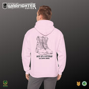 Australian Warfighters Coffee pale pink cotton-poly blend hoodie with combat boots graphic and "Wife of a Veteran" text on back.
