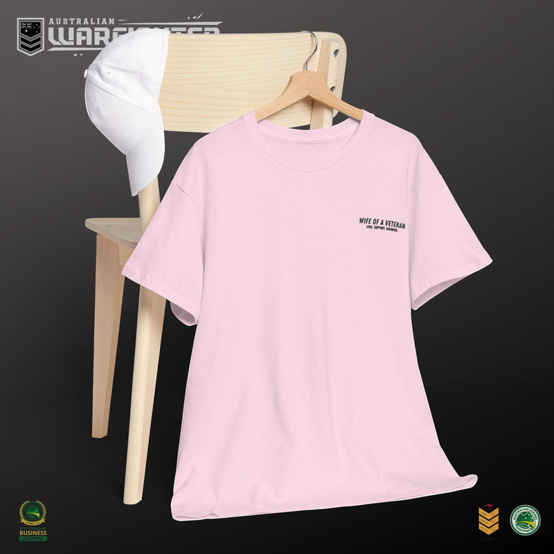Australian Warfighters Coffee light pink 100% cotton t-shirt with 'Wife of a Veteran' and 'Love. Support. Sacrifice.' text.