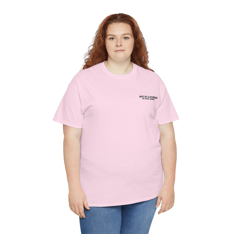 Australian Warfighters Coffee light pink 100% cotton t-shirt with 'Wife of a Veteran' and military boots graphic.