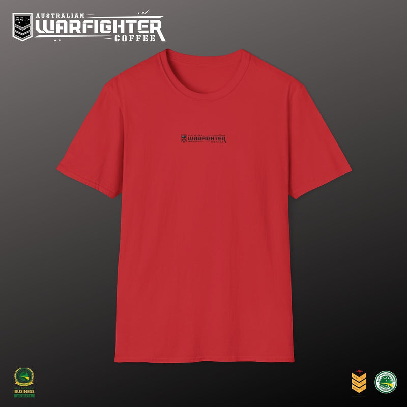 Australian Warfighters Coffee red crew-neck t-shirt with small chest logo and large Apache helicopter graphic on back.