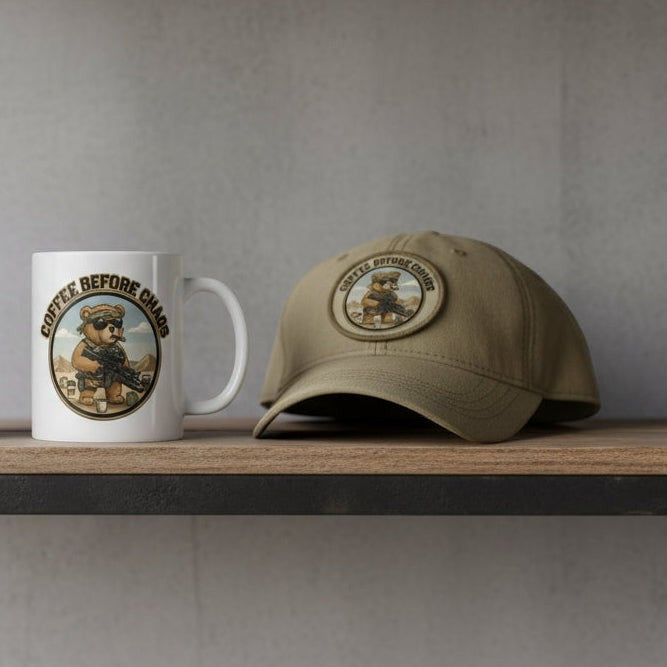 Australian Warfighters Coffee white ceramic mug with a tactical bear graphic and "Coffee Before Chaos" slogan.