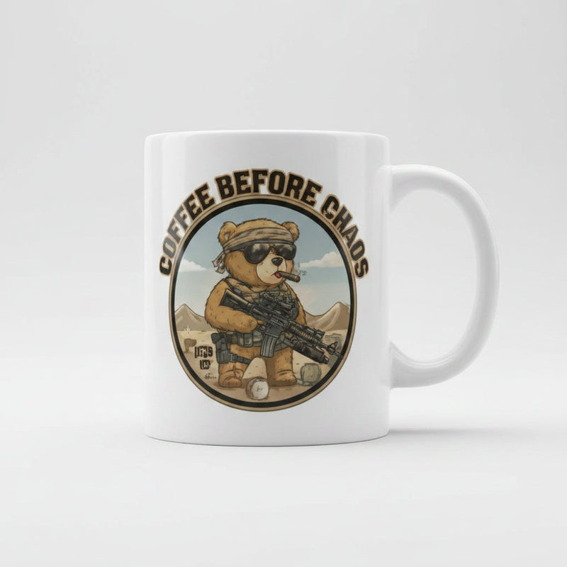 Australian Warfighters Coffee white ceramic mug with a tactical bear graphic and "Coffee Before Chaos" slogan.