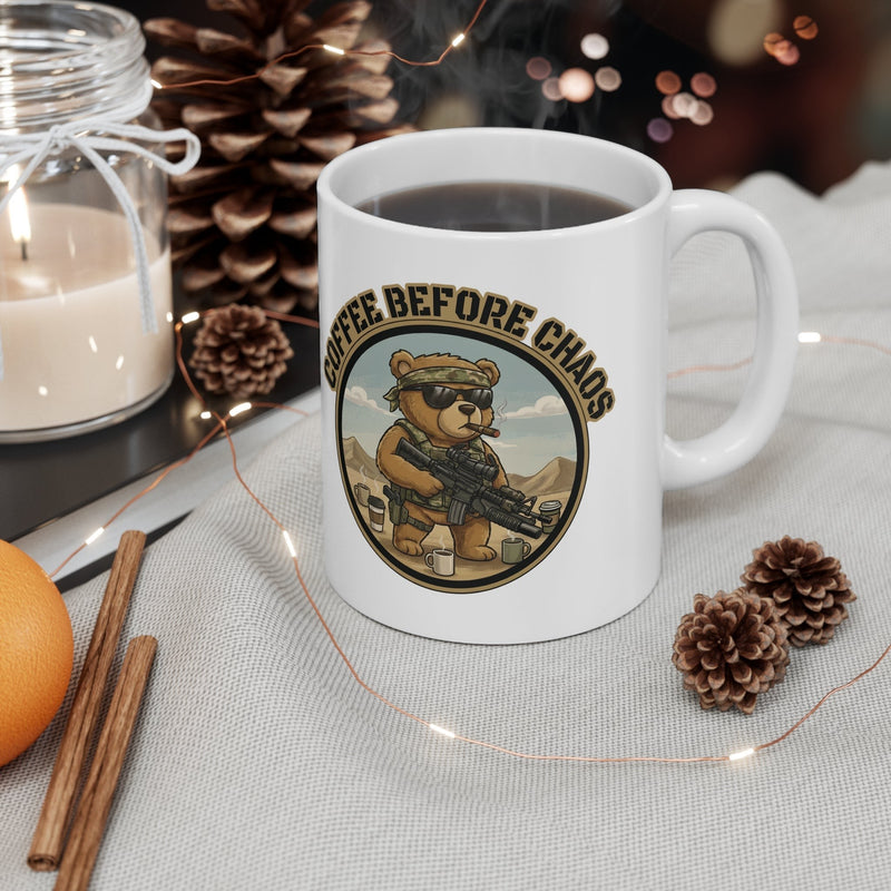 Australian Warfighters Coffee white ceramic mug with a tactical bear graphic and "Coffee Before Chaos" slogan.