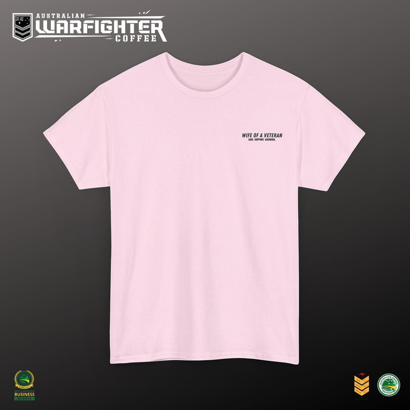 Australian Warfighters Coffee pink 100% cotton t-shirt with 'Wife of a Veteran' and 'Love. Support. Sacrifice.' text.