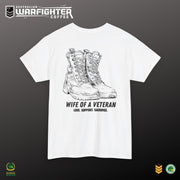 Australian Warfighters Coffee white 100% cotton t-shirt with military boots graphic and 'Wife of a Veteran Love. Support. Sacrifice.' text.