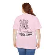 Australian Warfighters Coffee pink 100% cotton t-shirt with 'Wife of a Veteran' and military boots graphic.