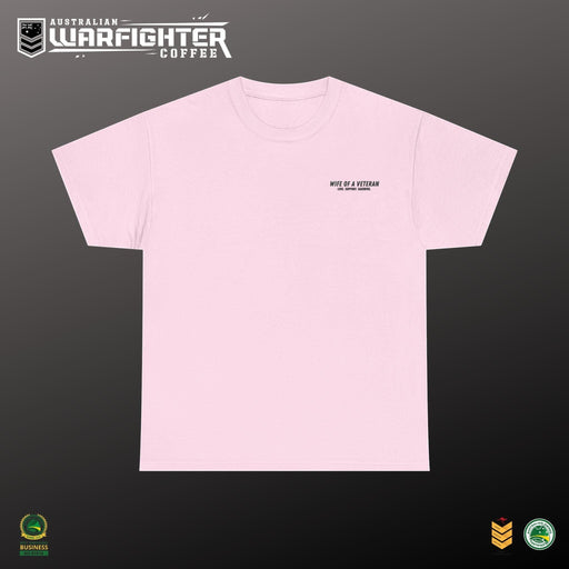 Australian Warfighters Coffee light pink 100% cotton t-shirt with 'Wife of a Veteran' and military boots graphic.